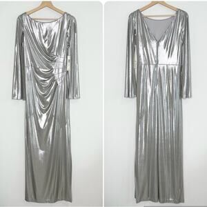 NWT Eliza J Metallic Silver Foil Maxi Dress Size 10